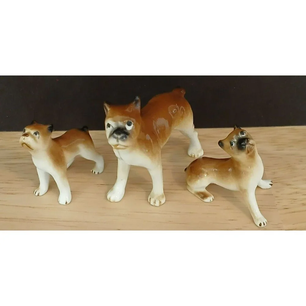 Vintage Set of 3 Porcelain Miniature Boxer Dog Cute Figurines